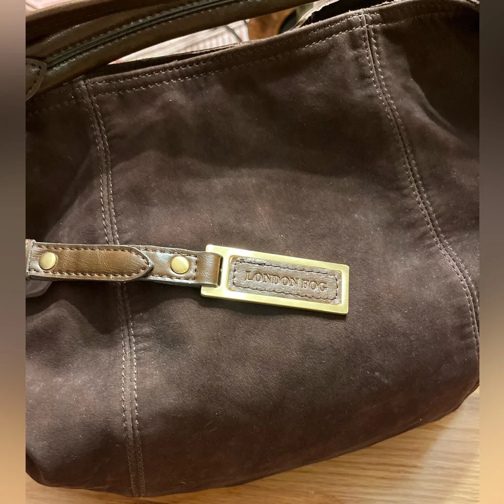 London Fog Brown Suede Leather Hobo Bag